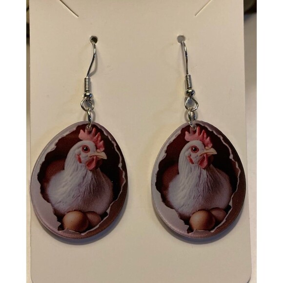 Rooster in a Chicken Egg Dangle Earrings Quirky Whimsical Kooky Barnyard Animal - Picture 2 of 6